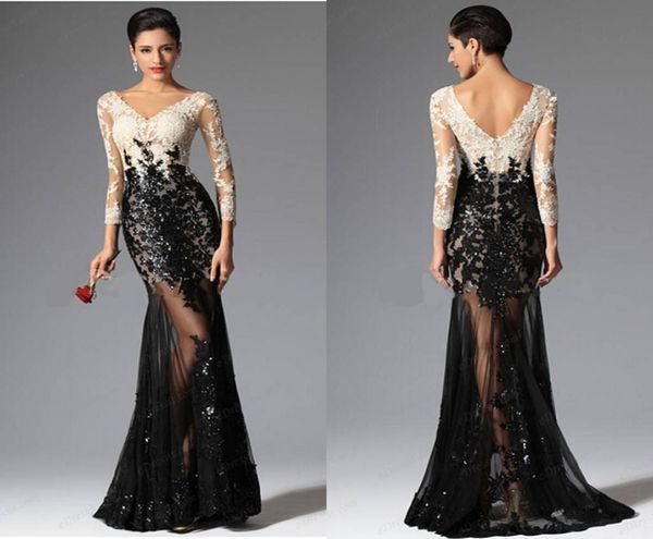 

modest mermaid prom dresses 2021 formal dresses v neckline black and white lace evening dresses beaded pageant gowns8569956