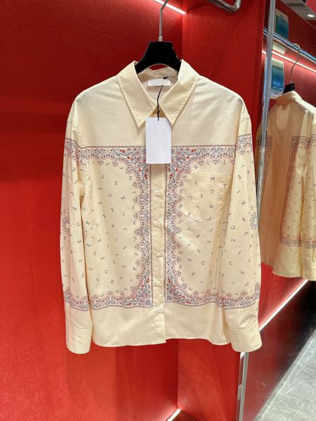 

runway designer women's shirts print pattern turn down collar long sleeve pockets blouse casual button up design shirts, White