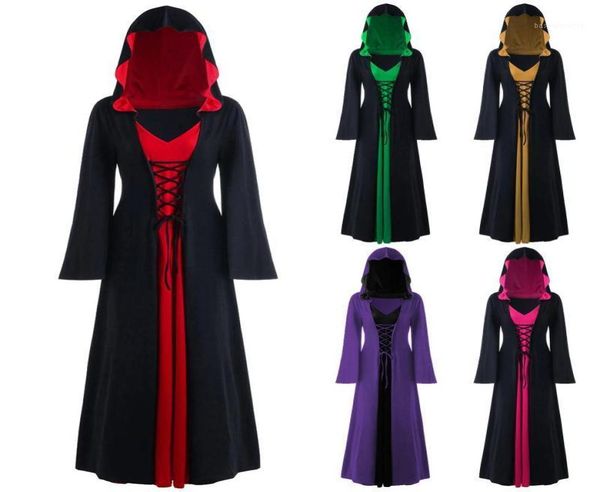 

casual dresses halloween costume gothic dress hooded lace up cosplay witch long sleeve stitching plus size disfraz mujer carnaval2278362, Black;gray