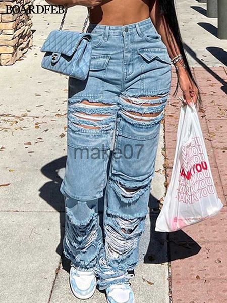

women's jeans women hollow out jeans ladies casual ripped tassel pocket straight denim pants female streetwear loose wide leg jeans tro, Blue