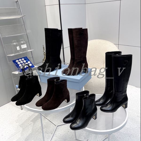 

designer boots women high heel ankle boots high barrel boots luxury shiny leather shoes suede round toe boots with box, Black