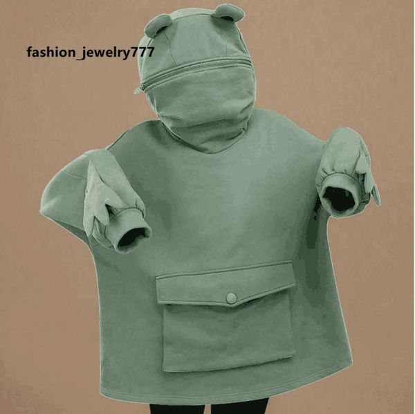 

women's hoodies sweatshirts autumn and winter new chic plush sweater women's mid length design super cute frog hooded lazy wind ja, Black