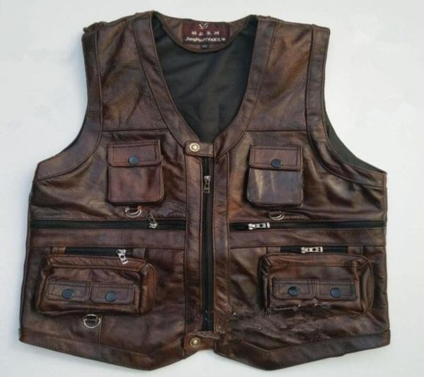 

autumn new men039s waistcoat genuine leather vest reporters suit more than pocket men cowhide w9583127151, Black