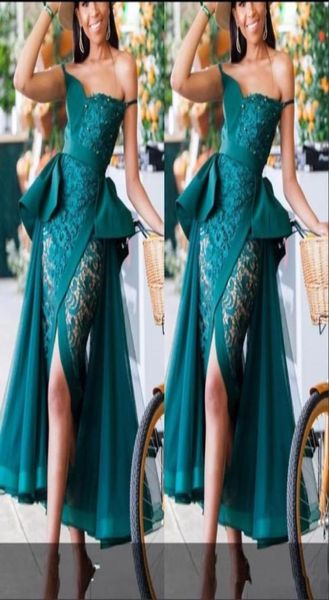 

hunter green see through evening dresses peplum lace and tulle front split cocktail party dress beads pearls african mermaid eveni1891111, Black;red