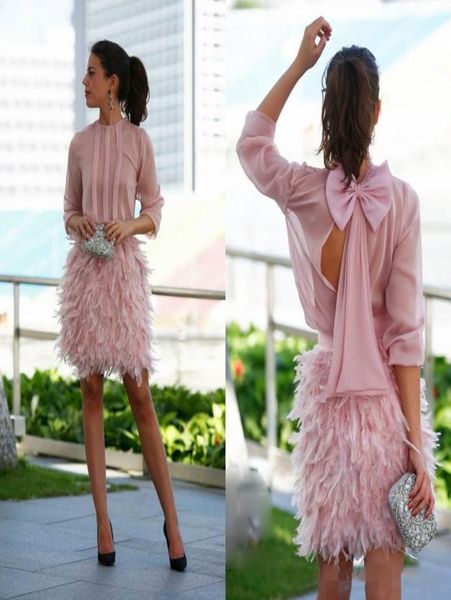 

new short prom dresses party gowns feather knee length evening gowns cocktail formal party dress long sleeves open back with bow5161632, Black