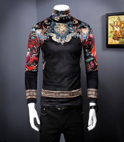 

new autumn and winter men039s gold velvet longsleeved tshirt korean version slim high neck embroidery printed warm botto7312770, White;black