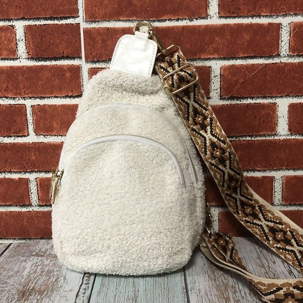 

dual zippers sherpa day packs cute fleece sling bags with embroidery guitar shoulder strap outdoor women purse on-the-go hands sports travel