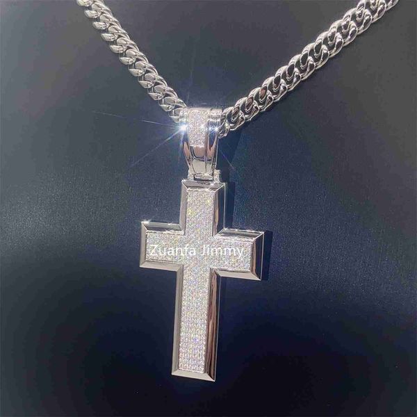 

double layered 3d pass diamond tester hip hop jewelry iced out men jesus style vvs moissanite cross pendant necklace, Silver