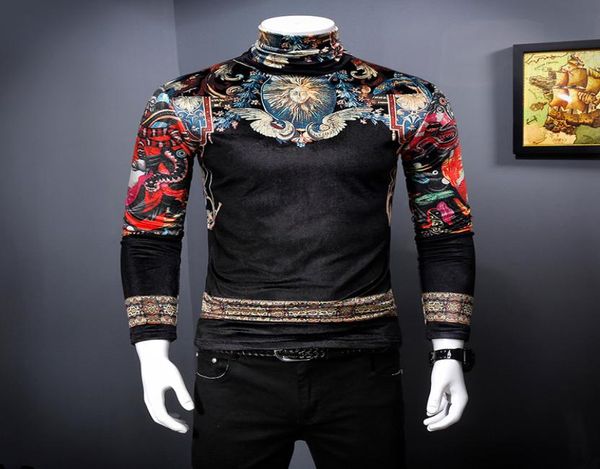 

new autumn and winter men039s gold velvet longsleeved tshirt korean version slim high neck embroidery printed warm botto2146208, White;black