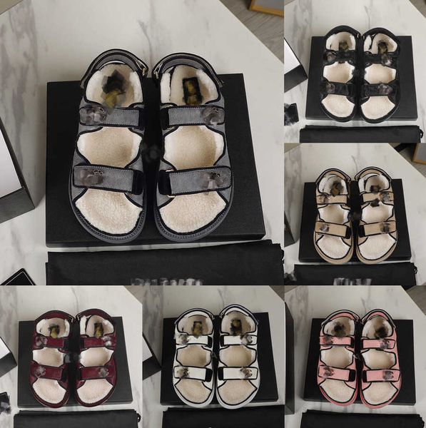 

women sandals fur casual shoes womens slides designer wool slippers quilted horse hair mink winter calf leather platform slide double buckle, Black