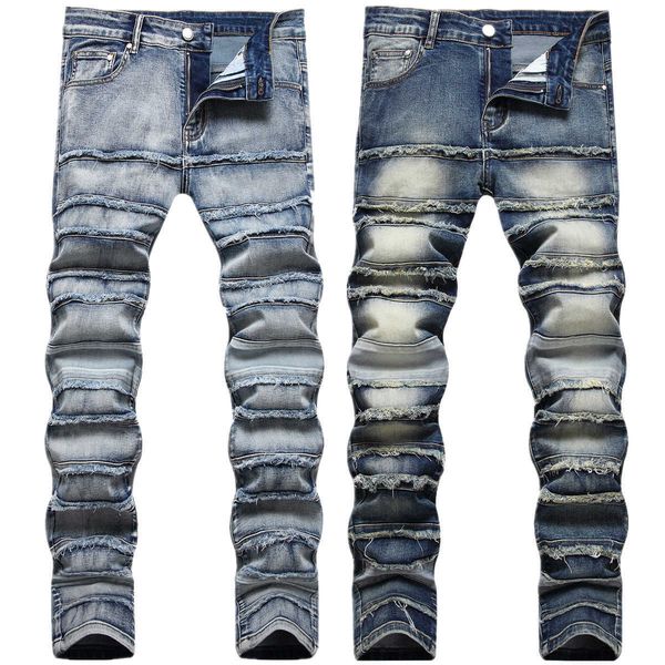 

men's jeans chaopai high street broken elastic small foot rock fashion slim fit embroidery pants, Blue