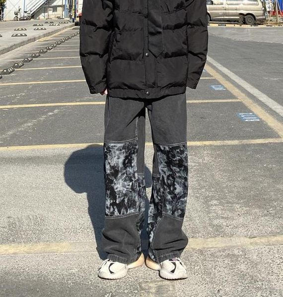 

men039s jeans high street style water wash mens hop hip straight loose denim pants retro patchwork tiedye chic men trousers2997875, Blue