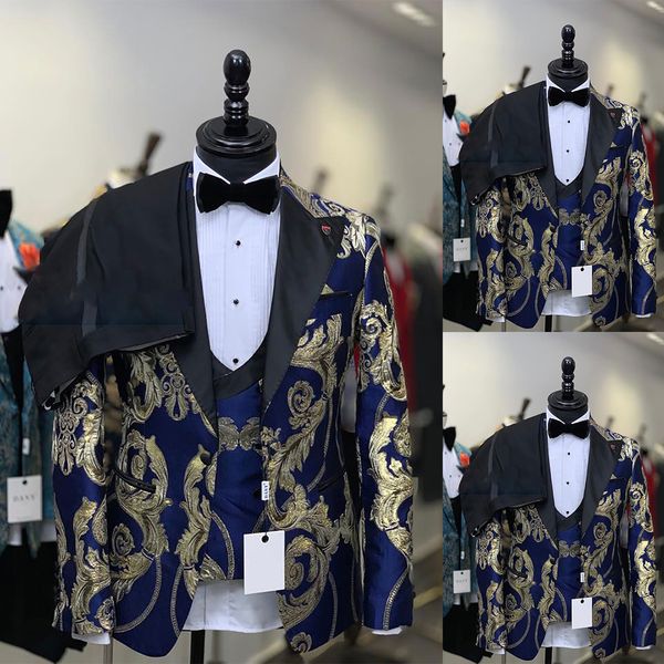 

floral jacquard men's wedding suit tuxedos peaked lapel groom wear business prom party customize 3 pcs jacket pants vest, Black;gray