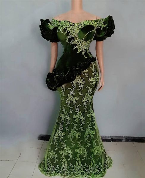 

hunter green lace aso ebi evening gowns short sleeves puffy off shoulder mermaid women african plus size prom dresses appliques8328306, Black