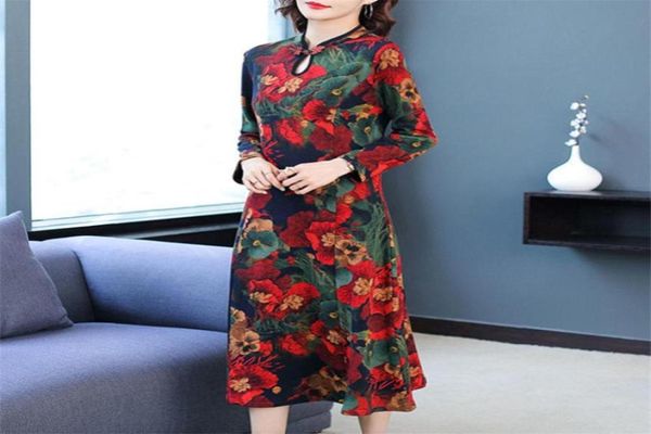 

spring middle aged mother chinese traditional style long sleeve mid length over knee modified cheongsam print qipao dress ethnic c7077117, Red