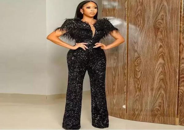 

feather black jumpsuit evening dresses sequins beads crystal party prom banquet custommade floor length short sleeves glitter rob9143098, Black;red