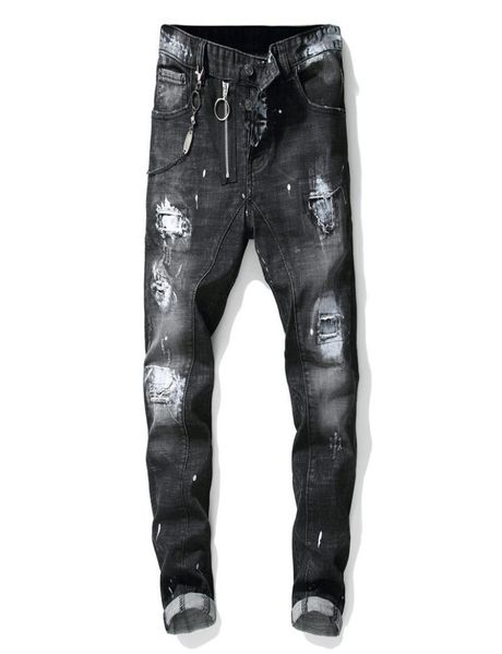 

men039s hight street ripped painted jeans pants with holes streetwear distressed denim trousers black printed jeans3640979, Blue