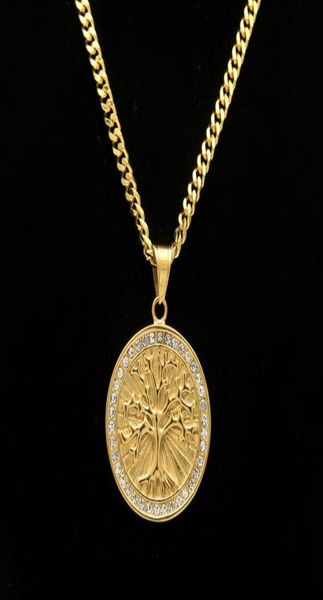 

hip hop necklace gold plated tree of life circular cz crystal side pendant necklace crystal cuban chain jewelry271h2652651, Silver