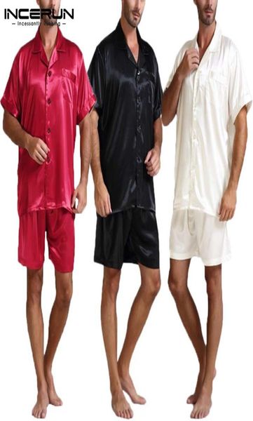 

silk satin men pajamas sets fashion sleepwear suit soft short sleeve homewear shorts two piece men loungewear pajama s5xl t14448771, Black;brown