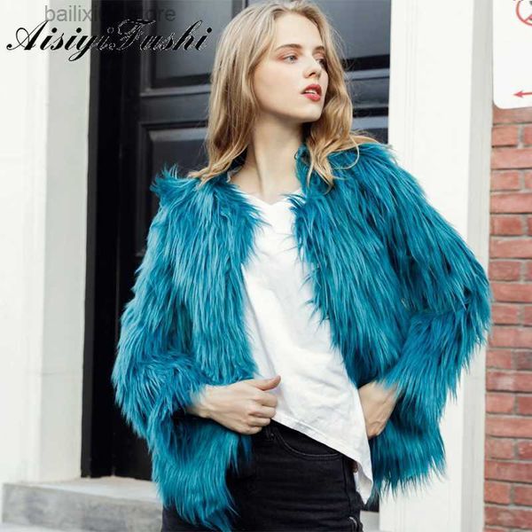 

women's fur faux fur winter navy blue artificial fur coat jacket comfortable fluffy jacket casual fur red man made fur coat women', Black