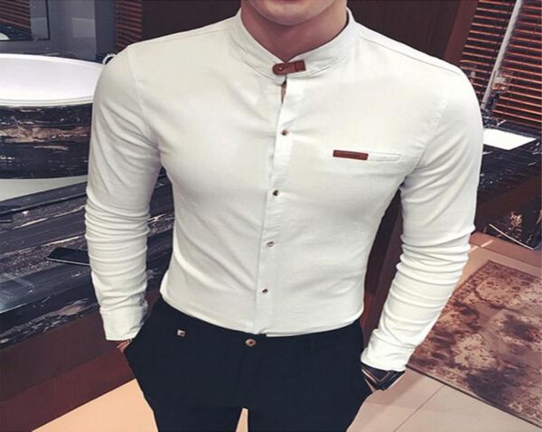 

2018 men fashion spring autumnshirts long sleeve solid casual black white slim fit clothing fashion color collarless shirt5519132, White;black
