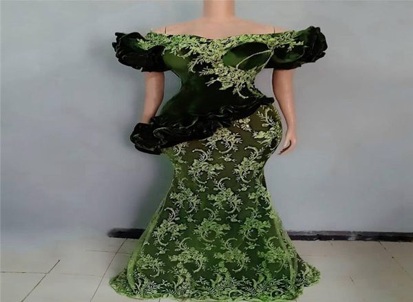 

hunter green lace aso ebi evening gowns short sleeves puffy off shoulder mermaid women african plus size prom dresses appliques9657280, Black