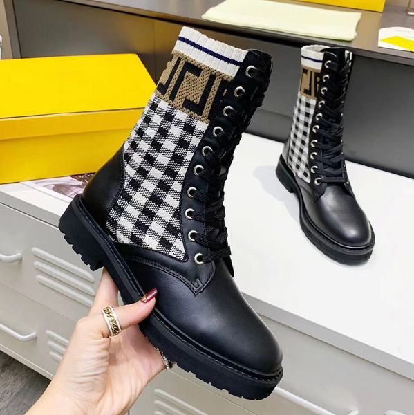 

women elastic knitted jacquard sock ankle boots silhouette platform martin booties lace up leather flat motorcycle boots designer shoes fact, Black