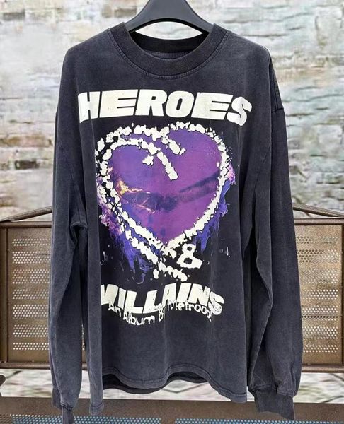 

men's t shirts y2k real po hellstar long sleeve t-shirt purple heart graffiti shirt do old wash water craft vintage men women top, White;black