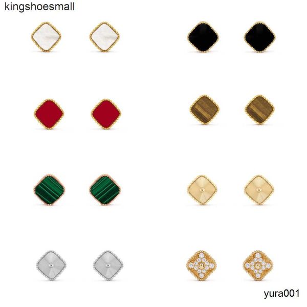 

vintage fashion 4/four leaf clover charm stud earrings back mother-of-pearl silver 18k gold plated agate for women girls valentine's mo, Golden;silver