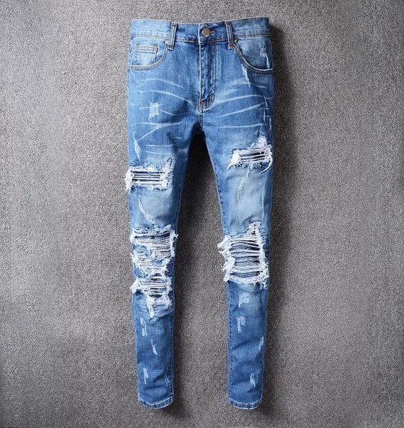 

fashion ripped holes men jeans luxury designers brand casual slim fit mens jean street wear hip hop stretch denim pants size 28404138533, Blue