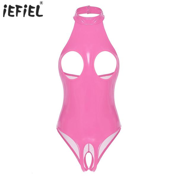 

set womens cutout patent leather bodysuit halter neck backless lingerie clubwear erotic open crotch teddies costume 230818, Red;black