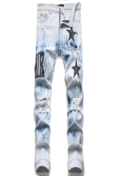 

men039s jeans european jean hombre letter star men embroidery patchwork ripped for trend brand motorcycle pant mens skinny1354122, Blue