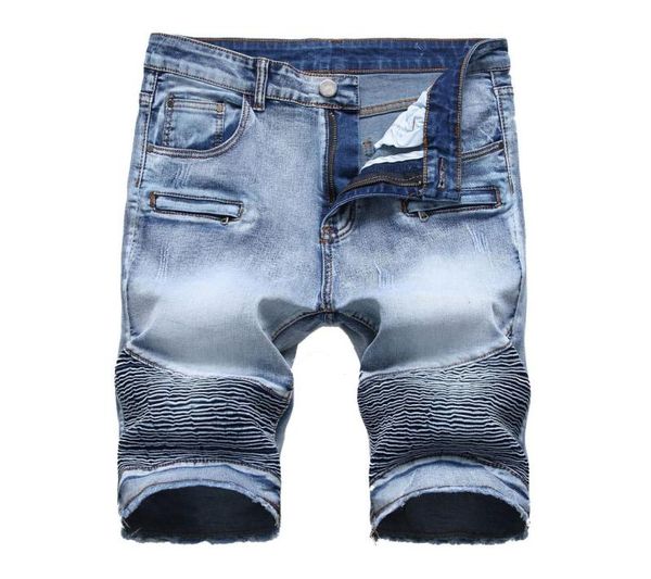 

qmgood large size men039s retro striped pleated ripped jeans summer shorts biker slim straight denim shorts for male short jean9618201, Blue