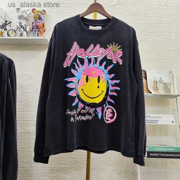 

men's hoodies sweatshirts 23ss hellstar tee american sun flower smiling face print heavy washed do old round neck long sleeve t shirt t, Black