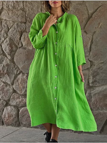 

basic casual dresses causal cotton linen dress women fashion loose button up long sleeve shirt vintage solid beach party midi robe 230818, Black;gray