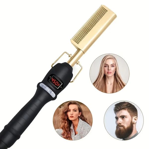 

professional electric comb for smooth and shiny hair - ceramic hair straightener and curling iron brush, Black
