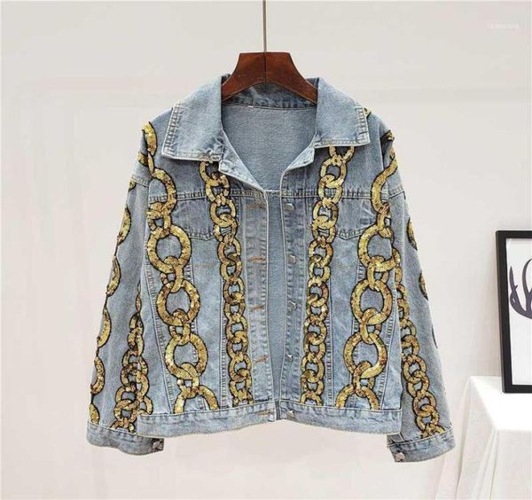 

women039s jackets harajuku blue denim jacket spring autumn loose vintage long sleeve chain sequins women jeans streetwear femal5158974, Black;brown
