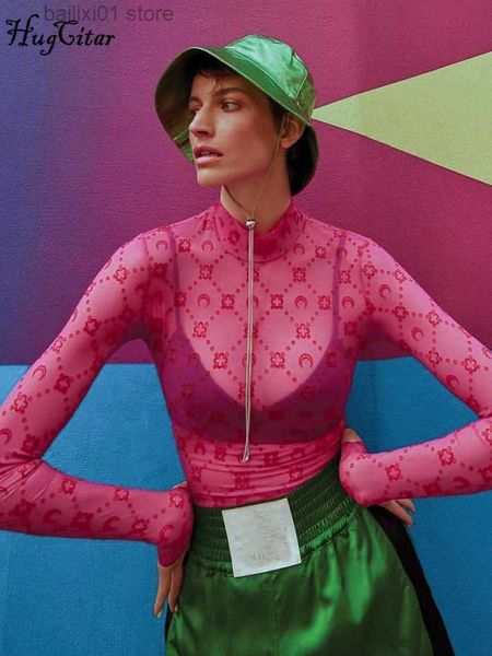 

women's t-shirt hugcitar mesh long sleeve turtleneck cartoon print see through crop t shirt 2022 fall new outfit evening party club y2k, White