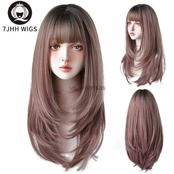 

synthetic wigs 7jhh synthetic wigs long straight pink brown hair dyed black omber wigs with bangs for women fashion heat resistant wigs hkd2