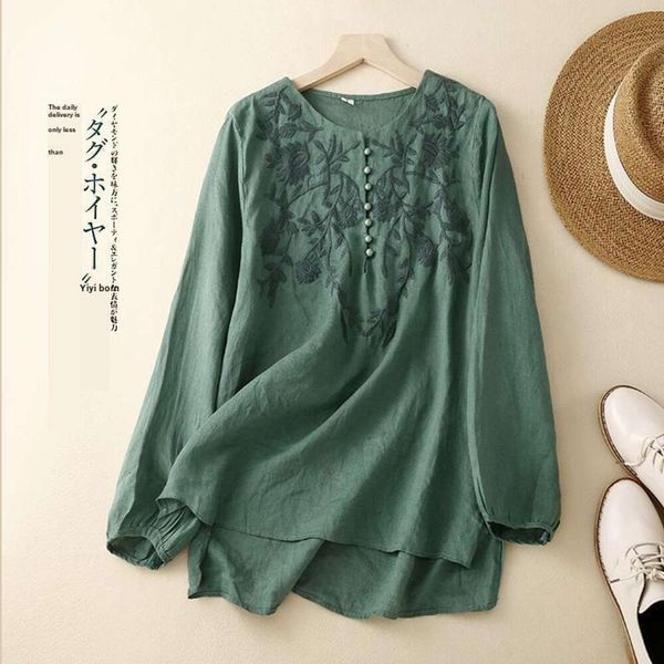 

embroidered pure color shirts cotton and linen long sleeved shirt for women loose artistic retro spring top, White