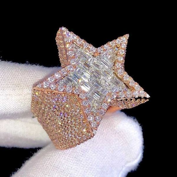 

hip hop rapper vvs d colour moissanite diamond luxury two color iced out star ring baguette cut for mens star rings, Silver