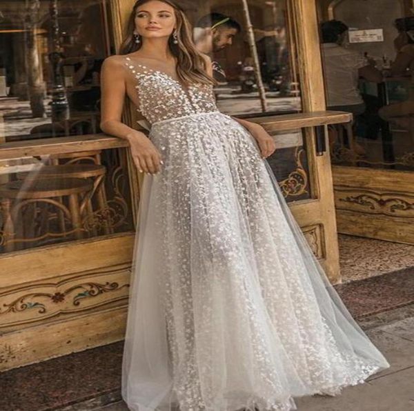 

new muse by berta wedding dresses sheer neck lace appliqued bridal gown a line beach boho simple see through wedding dress with bo7604917, White