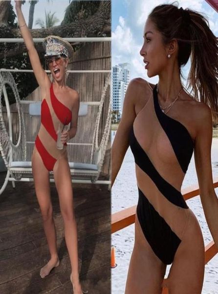 

2020 illusion women summer swimwear one shoulder jumpsuits sleeveless clothing party wear bathing suits casual apparel one pi7112456, Black;gray
