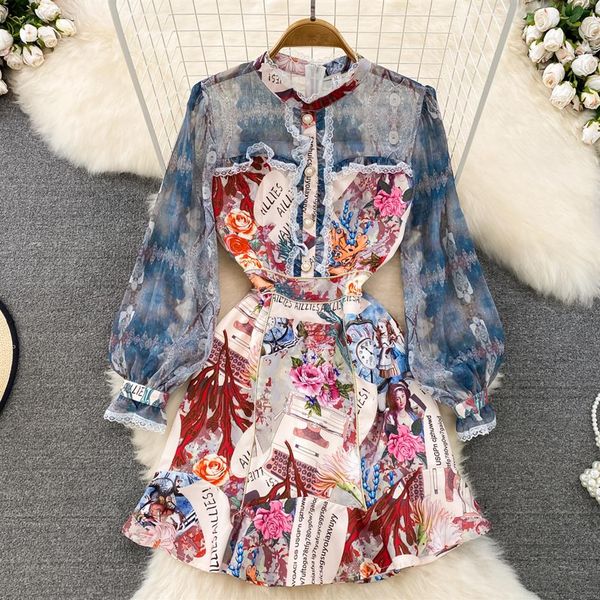 

casual dresses a line 2023 spring summer gorgeous flower mesh patchwork floral letters print short dress women long sleeve ruffles259s, Black;gray
