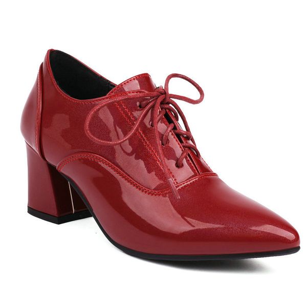 

dress shoes autumn spring patent leather burgundy blue red color pointed toe lace-up office lady pumps chunky high heels formal brogue shoes, Black