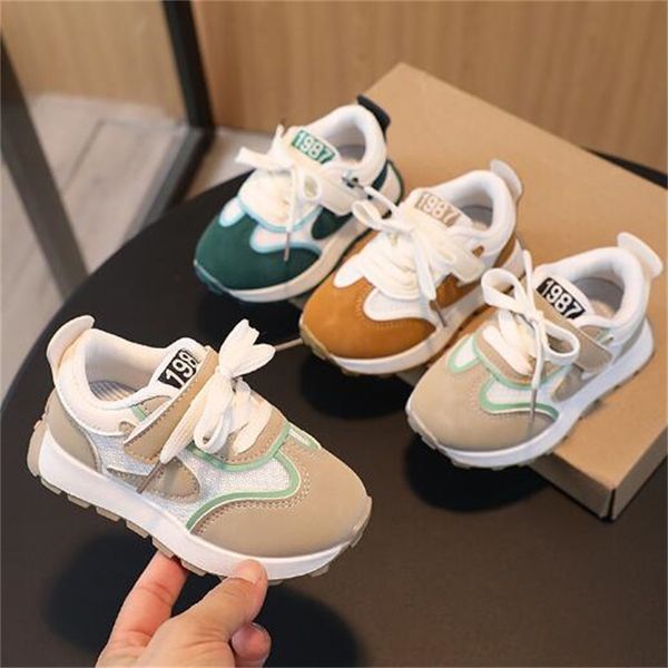 

2023 new color blocking splicing pu leather mesh children's sports breathable trend shoes lace-up small medium children shoes, Black