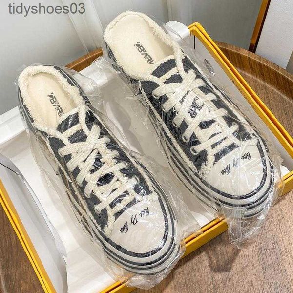 

thick soled board shoes beggars' canvas shoes new year's and summer's buns half slippers women's casual wear no heels th, Black