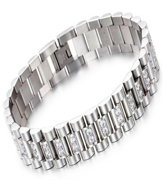 

watch band style 15mm width 316l stainless steel luxury mens wristband link bracelet with prong setting cz stones kka21993773334, Golden;silver