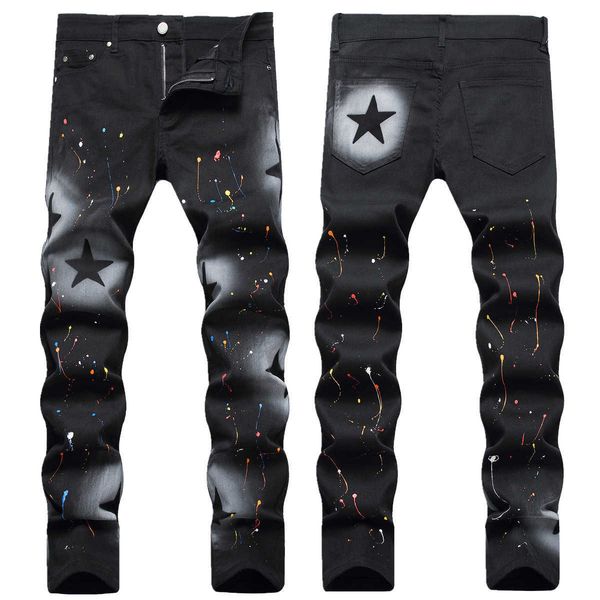 

men's jeans personalized hand-painted gun spray five pointed star color paint swing stretch black small straight tube for men, Blue
