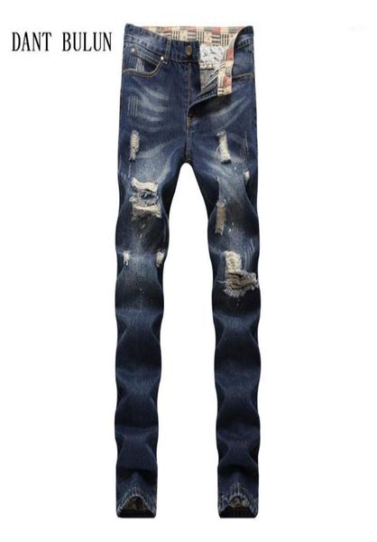 

men039s jeans men biker ripped for slim fit design fashion hip hop casual navy blue hole denim pantsty00212597281